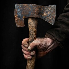 A weathered hand firmly grips a rusty axe against a dark background.