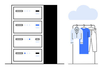 Servers stacked alongside a cloud and a clothing rack with garments. Ideal for digital transformation, data storage, fashion industry, cloud computing, organization, data centers, and online retail