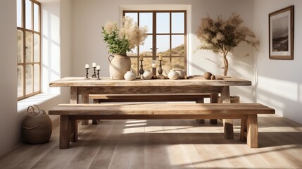 Naklejka premium A rustic Scandinavian dining room with a wooden table and bench in a fresh white room, highlighting minimalist and natural decor.