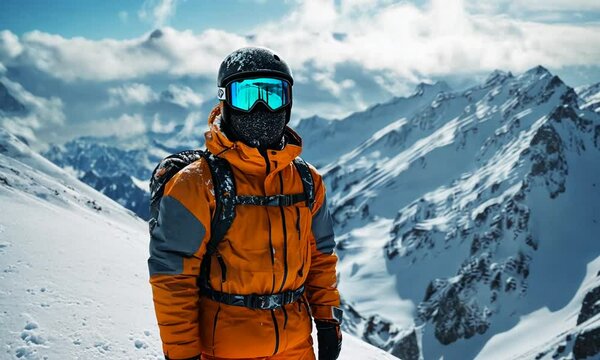 A skier in an orange jacket stands on a snowy mountain peak.