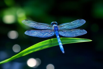 Close-Up of Blue Dragonfly Perched on Green Leaf with Blurred Nature Background
