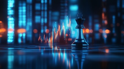 A silver chess king on a chessboard with a background of financial data charts