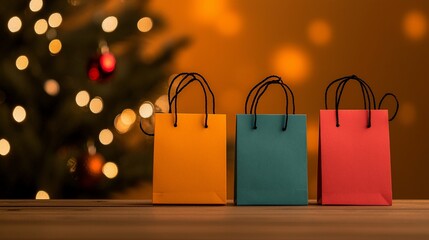 Three colorful shopping bags in front of a Christmas tree.