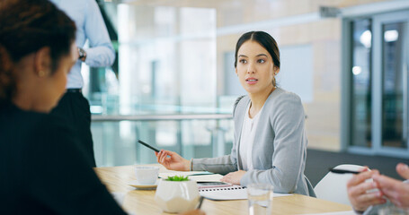 Business woman, advice and proposal for training, communication and erp notes with tablet for report. Manager, team and office for documents, collaboration or partnership for b2b project discussion