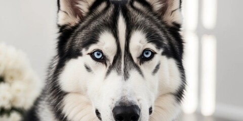 Obraz premium A close up of a husky dog's face with blue eyes.