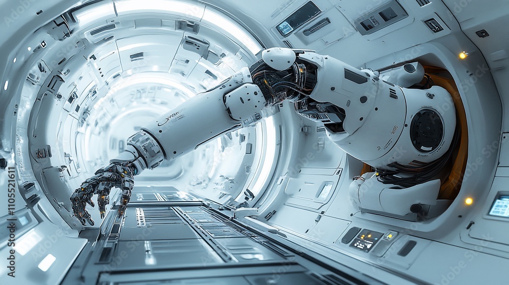 Poster robotic arm in futuristic spaceship corridor.