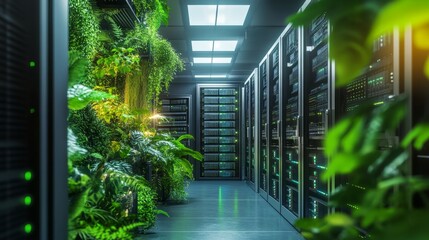 Eco-friendly data center featuring a mix of advanced server racks and indoor plants under soft, natural lighting