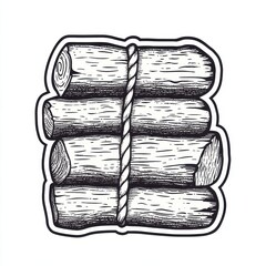 Fototapeta premium Stack of firewood tied with a rope, ideal for a cozy fireplace setting or outdoor campfire preparation in a minimalist style illustration
