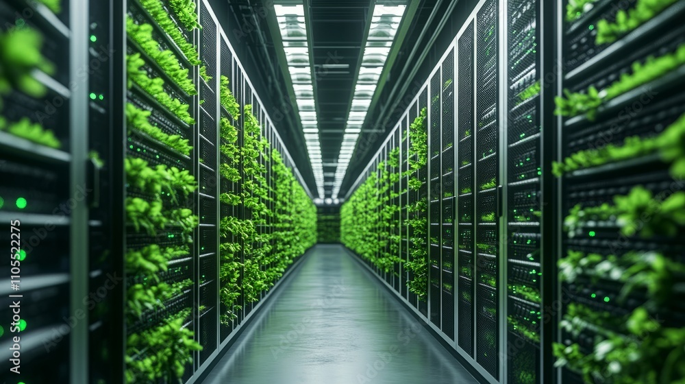 Aufkleber rows of futuristic server racks with greenery lining the aisles, blending advanced technology with e