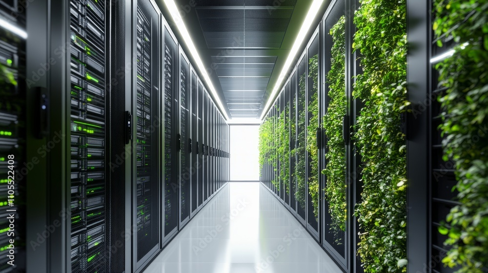 Poster rows of futuristic server racks with greenery lining the aisles, blending advanced technology with e