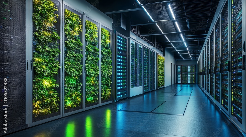 Poster rows of illuminated server racks in a data center with potted plants and vertical gardens integrated