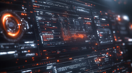 Obraz premium dark screen with glowing orange and red data displays, showing various information and graphics