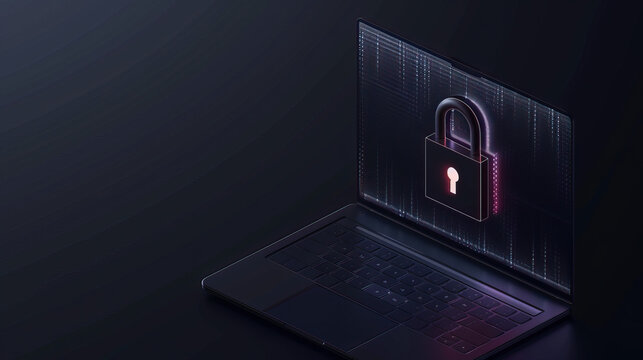 Cyber,security concept showing a dark black lock on a laptop in a dark background symbolisation online safety and digital protection