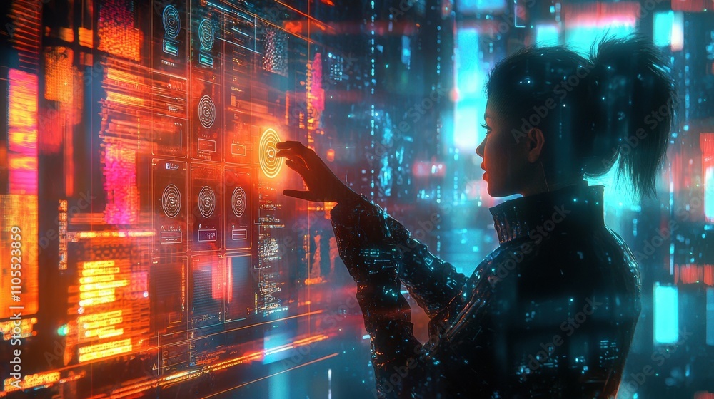 Poster futuristic office holographic tech for secure digital interaction in cybersecurity