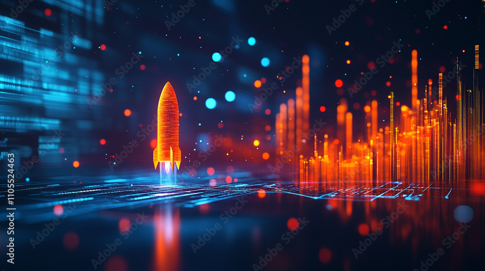 Poster digital rocket launch against futuristic cityscape with vibrant data visualization
