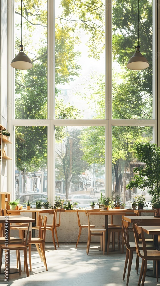 Poster 26. a cozy cafe with large windows, allowing for an empty space in the center of the room for text