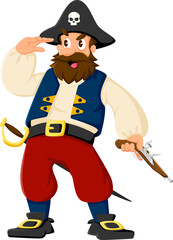 Cartoon pirate, privateer sailor cheerful character. Corsair sailor captain funny character isolated vector personage, filibuster crew skipper or Caribbean pirate cute character looking in distance