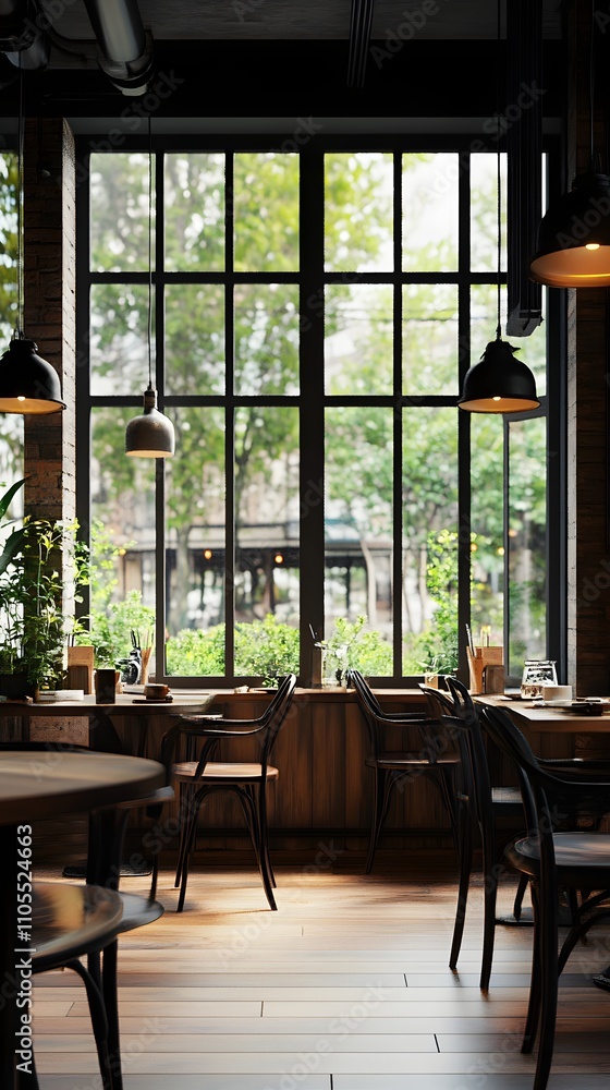 Poster 26. a cozy cafe with large windows, allowing for an empty space in the center of the room for text