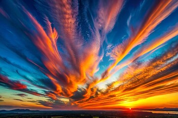 Breathtaking Sunset Overhead: Vibrant Orange and Red Streaks of Cirrus Clouds on a Deep Blue Sky, Perfect for Sky Replacement Projects with No Obstacles in the Foreground