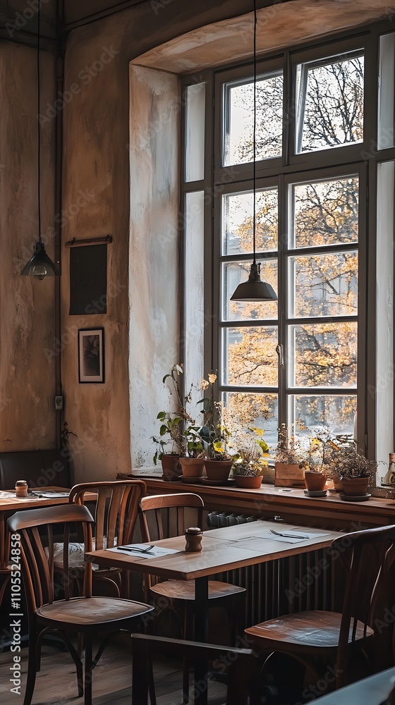 Poster 26. a cozy cafe with large windows, allowing for an empty space in the center of the room for text