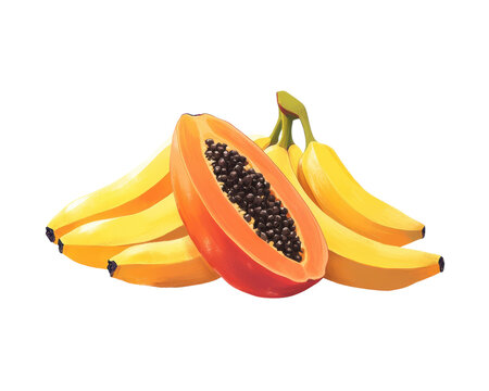 Tropical fruits including bananas and papaya on a white isolate background.
