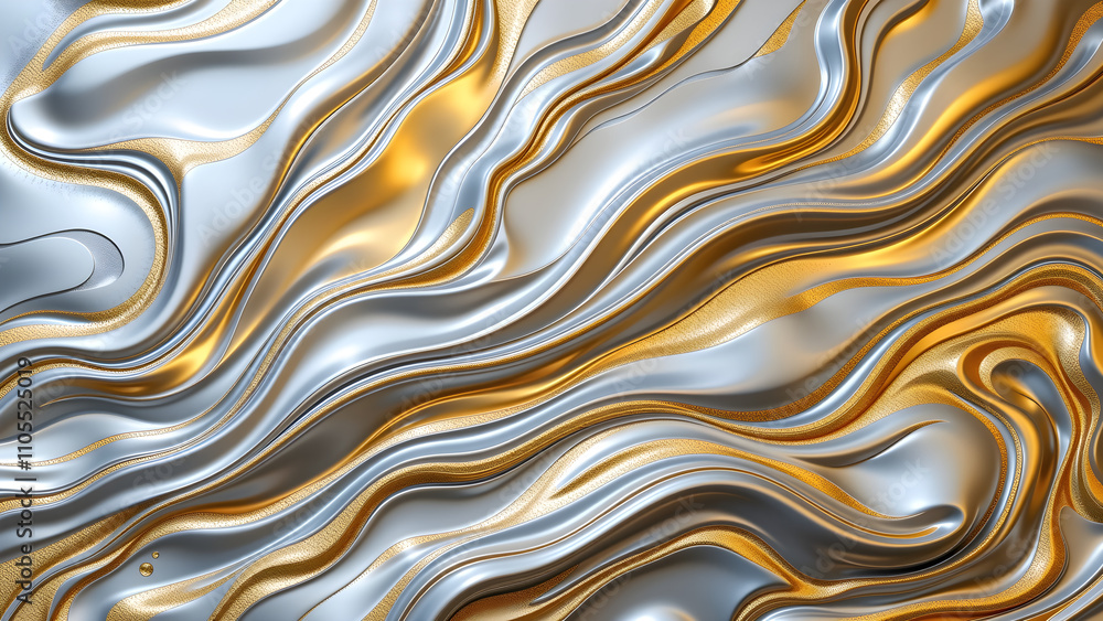 Poster flowing metallic waves in gold and silver tones creating an elegant and luxurious texture