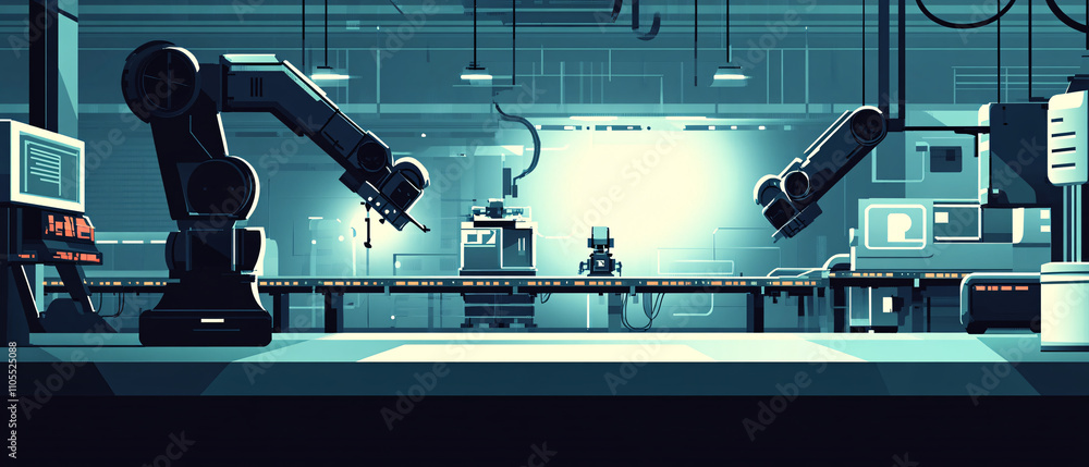 Poster futuristic factory automation: robotic arms on assembly line
