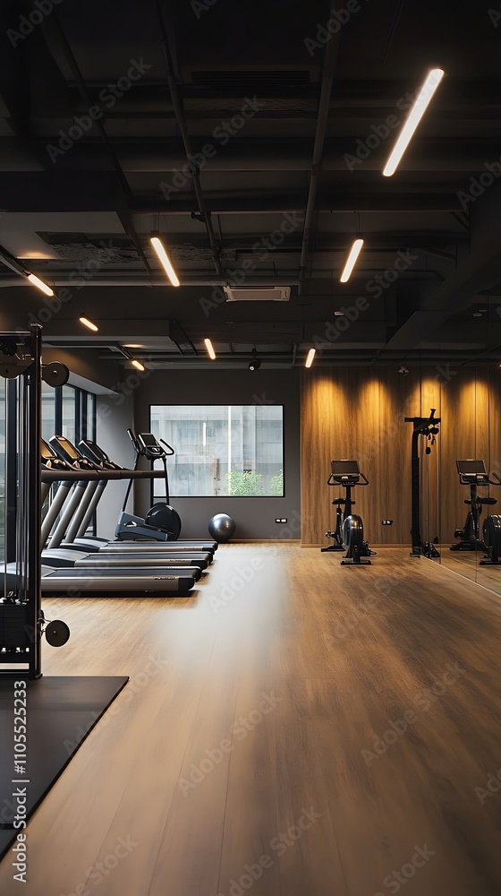Poster 27. a modern gym with open floor space and clean, minimalistic design for central text placement
