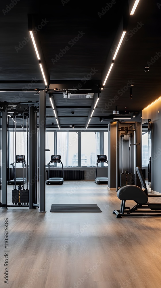 Poster 27. a modern gym with open floor space and clean, minimalistic design for central text placement