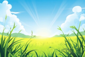 Background of a summer landscape with a green grass field and blue sky.	