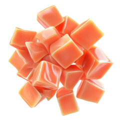 Colorful gelatin cubes stacked on top of each other, white isolated background.
