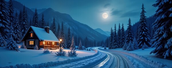 Snowy winter night landscape shows cozy chalet in snowy forest lit by warm light. Winding road visible in scene covered with snow. Full moon, mountain scenery create magical winter night ambiance.