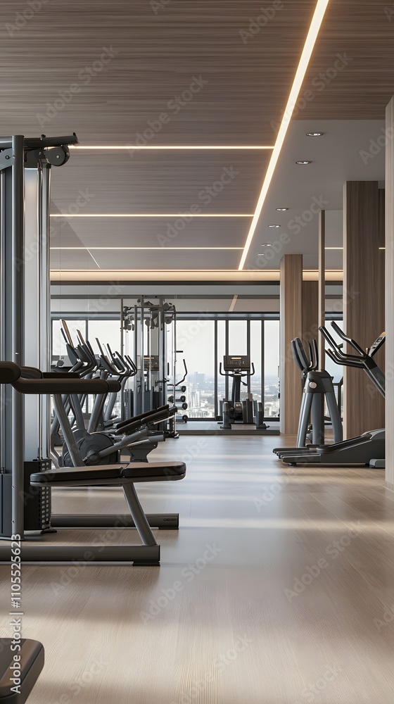 Poster 27. a modern gym with open floor space and clean, minimalistic design for central text placement