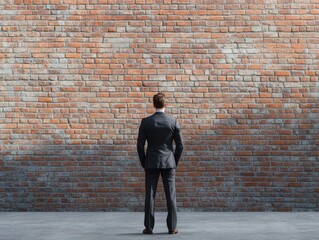 Facing a brick wall concept with business man facing a huge bricks wall.	

