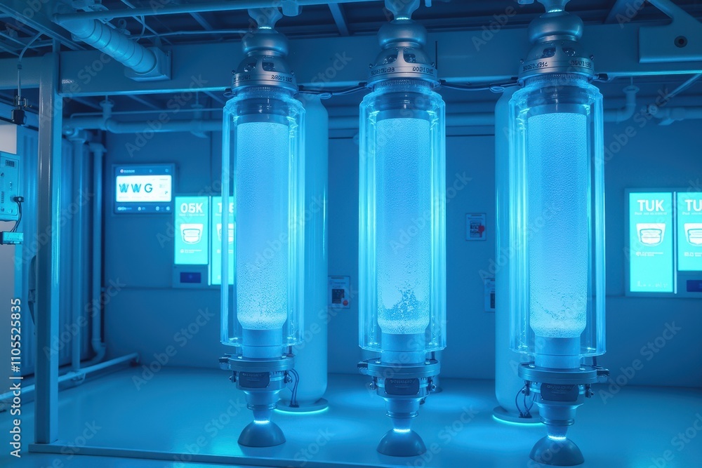 Poster modern water purification technology in a high-tech factory setting with transparent tanks and blue 