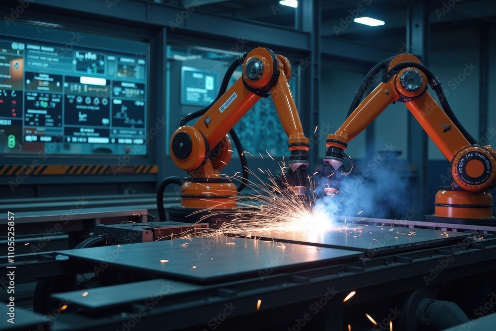 Aufkleber robotic welding process in a modern factory setting with sparks and advanced technology equipment fo