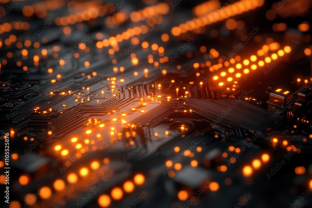 Aufkleber close-up view of a circuit board illuminated with glowing orange lights in a dark background