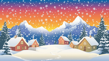 夕暮れの雪山村イラスト