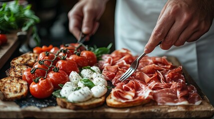 Delicious Italian Appetizer Platter With Prosciutto Mozzarella And Tomatoes