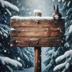 wooden sign in winter forest