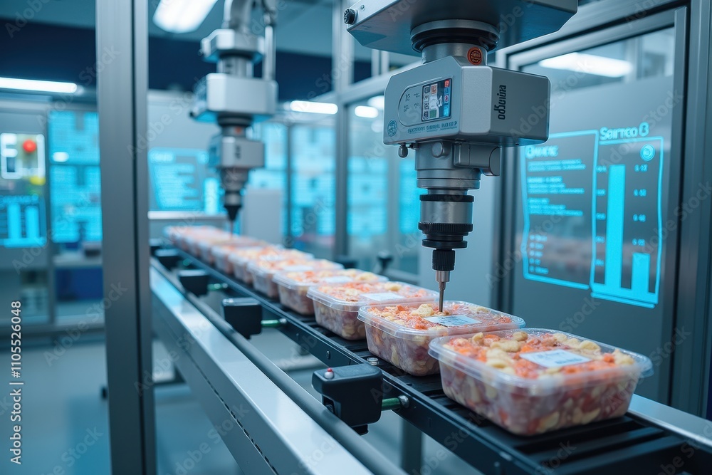 Poster advanced automated food packaging process in a modern industrial setting with high-tech equipment an