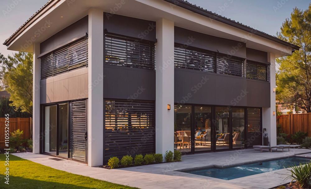 Aufkleber large house with a pool and a patio. the house is black and white. there are many windows on the hou