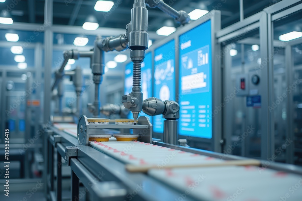 Poster advanced food packaging line with robotic arms in high-tech industrial environment for efficient pro