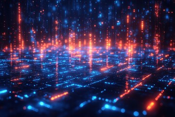 Sea of data submerged in the metaverse. Abstract floor technology background with blue led light.