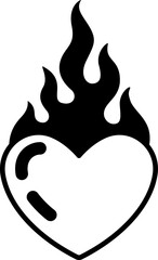 Y2k tattoo of flaming heart, symbol of passion, intensity or devotion. Isolated vector bold black and white line art emphasizes themes of love, desire or burning emotions in emo or gothic teen culture