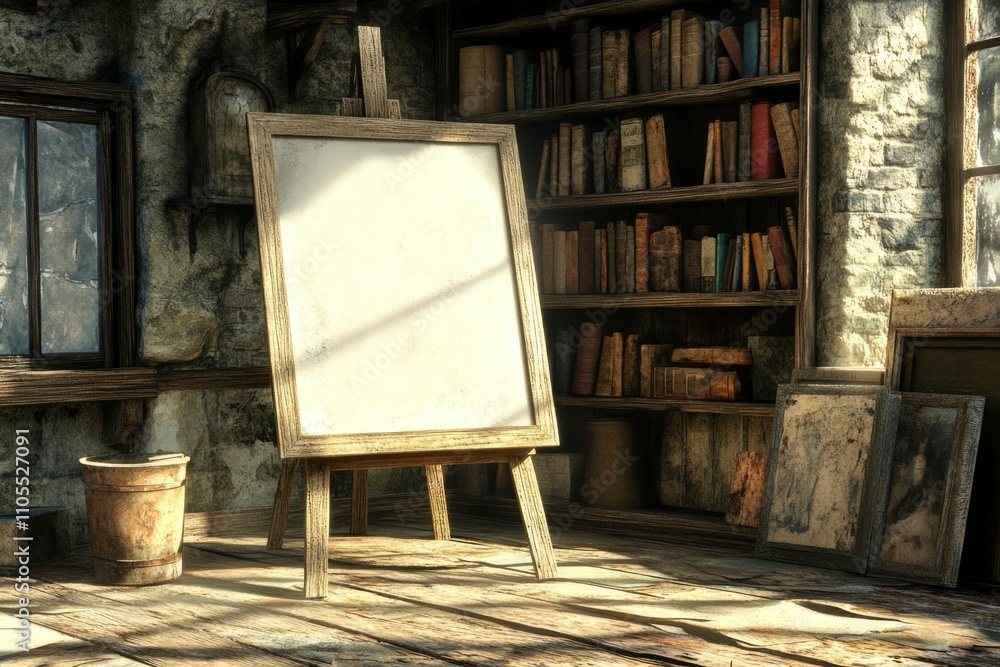 Poster blank canvas on easel in rustic artists studio