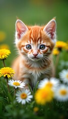Cute orange kitten sits amongst flowers. Adorable animal in a garden. Springtime scene with vibrant blooms. Kitten looks directly at viewer. Pet photo, nature photo, animal portrait, kitten photo.