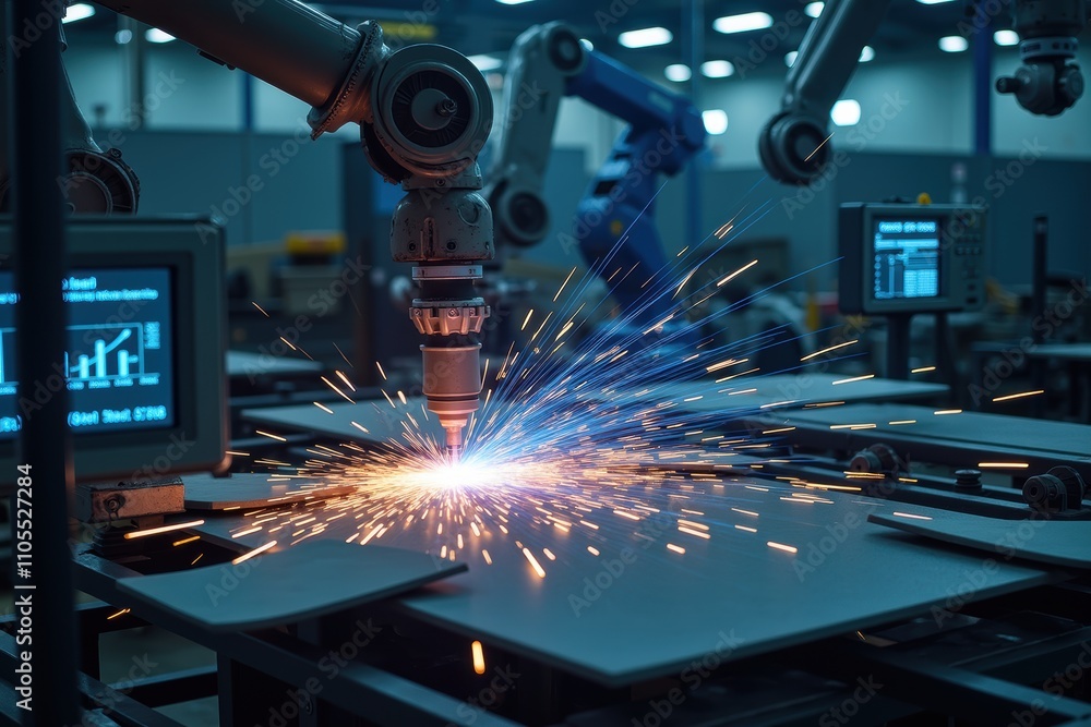 Poster advanced robotic metal welding process in industrial setting with sparks showing the precision and e
