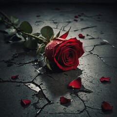 A broken rose lying on the floor, symbolizing lost love.