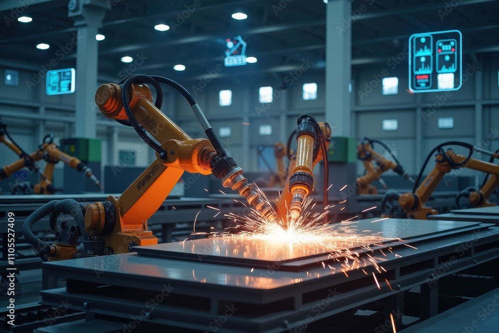 Poster advanced robotic welding process in a modern factory, showcasing precision and efficiency in metal f